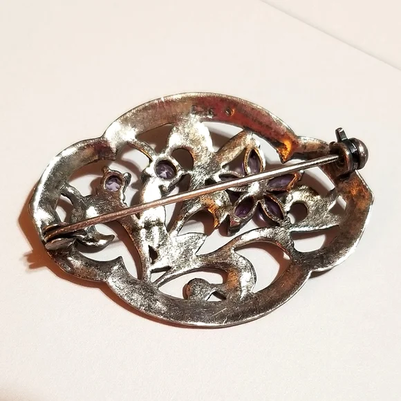 Vintage Sterling Silver Marcasite Amethyst Brooch - Picture 4 of 6